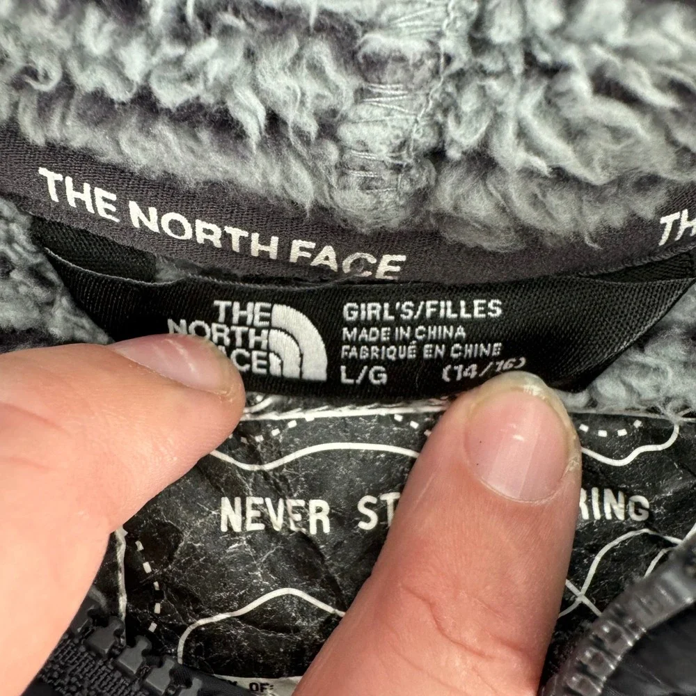 The North Face Girls Osito Full Zip Fleece Hoodie Grey Black Striped Large 14/16